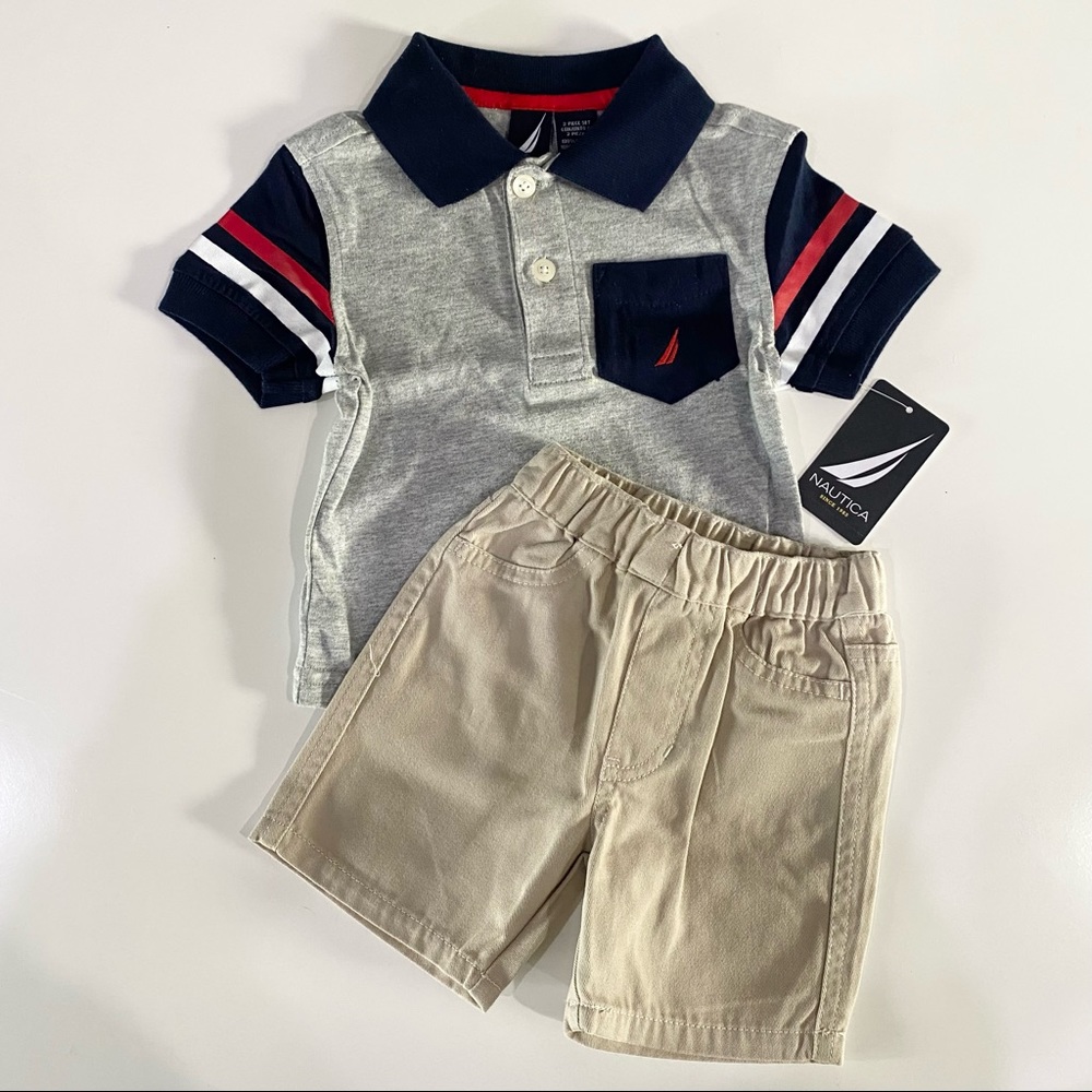 NWT Nautica Boys 0-3 months Polo Shirt Top Khaki Shorts Bundle 2 piece New